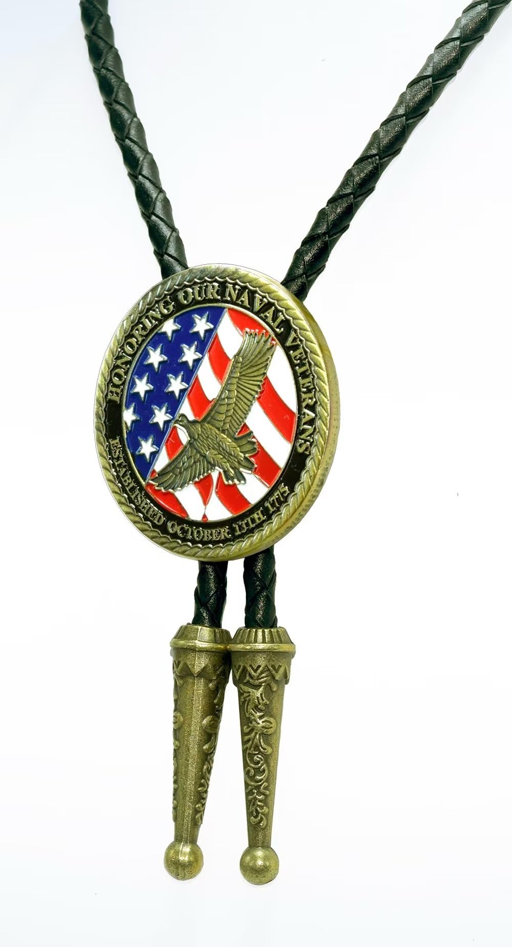 Moranse Bolo Tie with Fluttering American Flag Patriot Style Genuine and Cowhide Rope