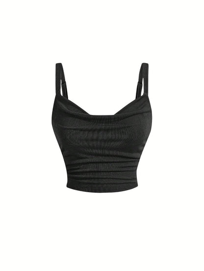 SOLY HUX Women's Cowl Neck Crop Camisole Top Lace Up Ruched Sleeveless Y2k Tops Plain Black Small