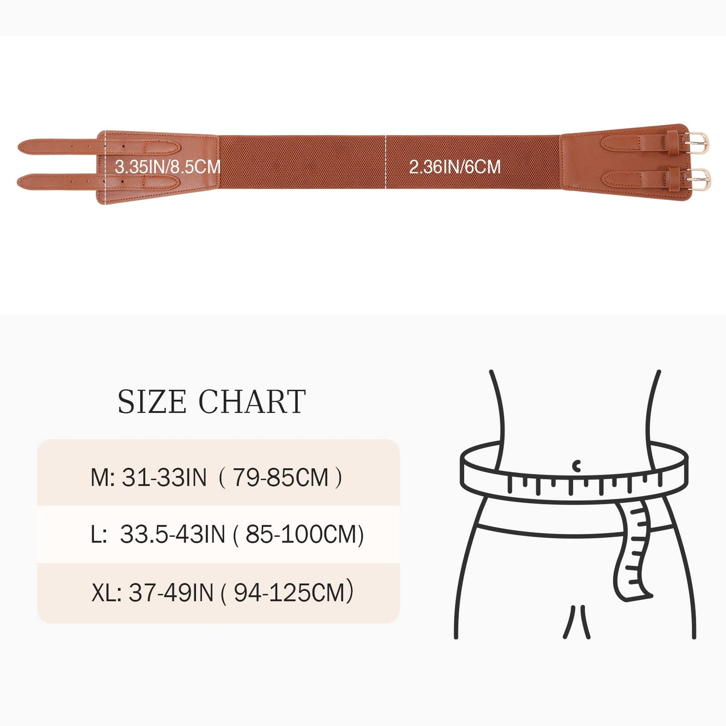 AWAYTR Double Buckle Women's Elastic Belt - Ladies Stretchy Wide Waist Leather Belts for Dresses Jeans(Black 31-33.5")