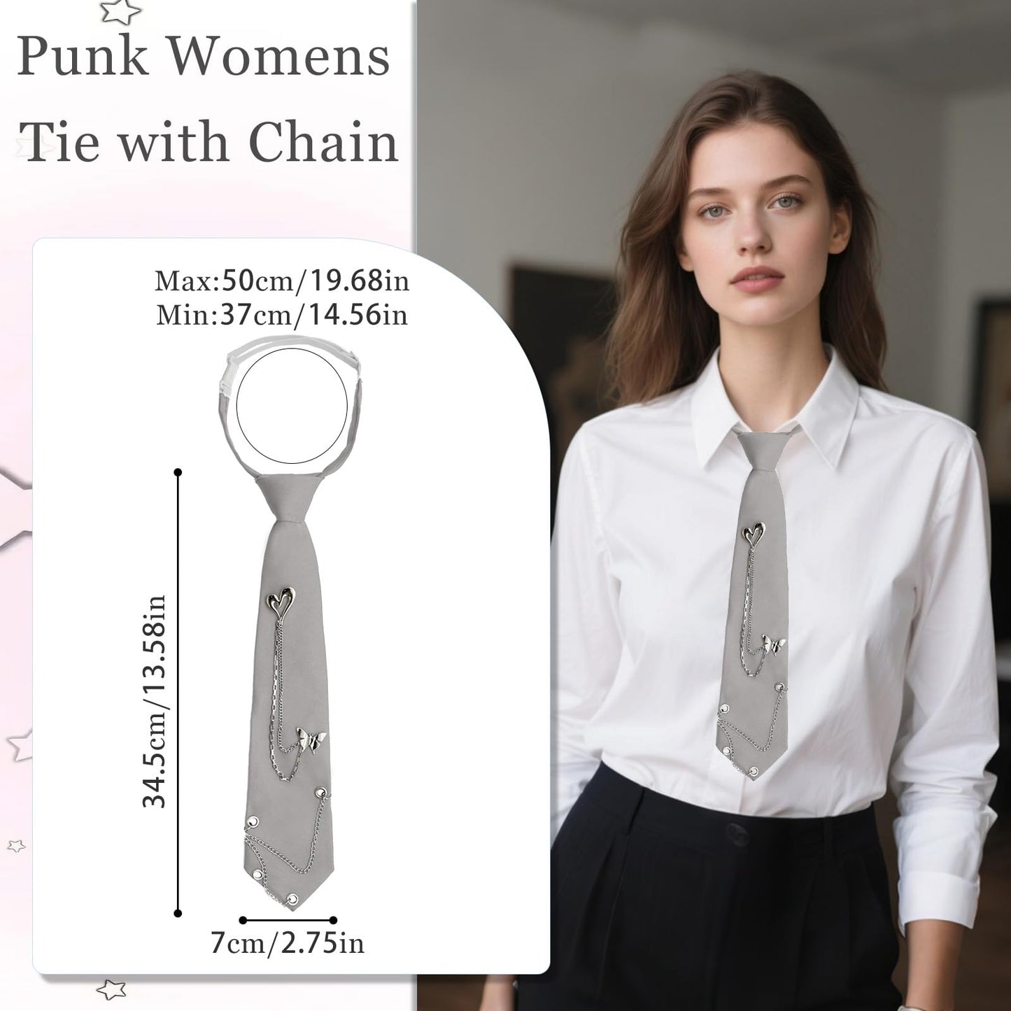 Gsyziux Punk Ties for Men, Tie with Chains Pre-Tied Adjustable Neckties for Uniform School Shirt (Light Grey)