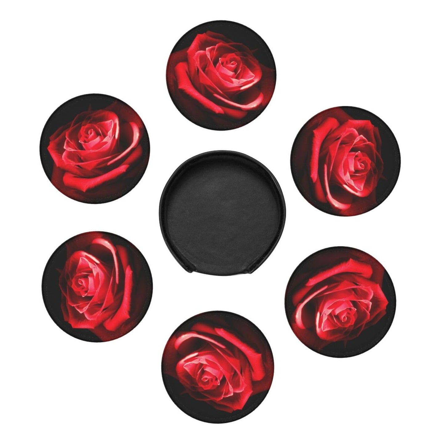 Stylish Red Rose Flower Coasters For Drinks Round Leather Coaster With Holder Set Of 6 For Tabletop Protection Desk Accessories Office Home Room Decor
