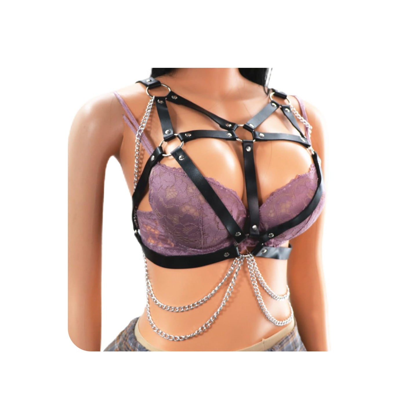 Punk Adjustable Chest Chain for Women- Gothic Faux Leather Chest Harness & Waist Body Chain Bra Belt Alternative Fashion Jewelry for Women (Chest Band Chain)