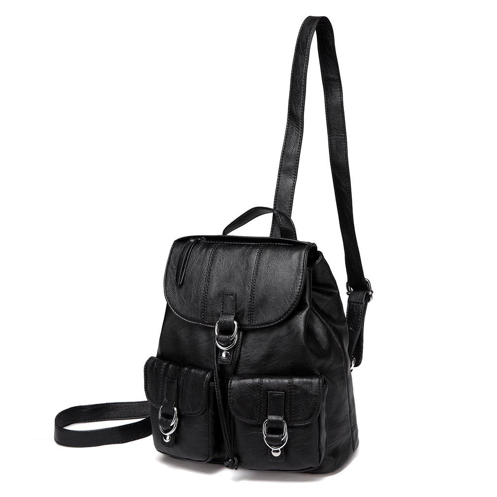 VASCHY Mini Backpack Purse for Women, Fashion Faux Leather Buckle Flap Drawstring Backpack for College with Two Front Pockets Black