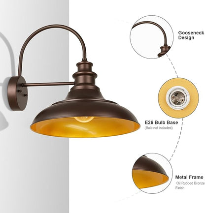Outdoor Barn Light Fixtures, 16 Inch Large Dome Farmhouse Exterior Wall Mount Lights, Rustic Gooseneck Wall Sconces Indoor Wall Lighting, Industrial Bronze Gold Lanterns for Porch, Garage,2 Pack
