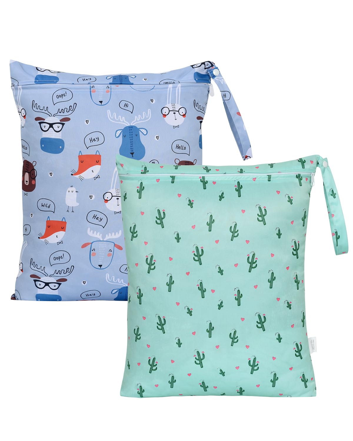 OTraki 2Pcs Waterproof Wet Dry Bags 16x20 inch Wet Bag for Baby, Swimsuit, Cloth Diaper, Daycare With Zippered & Handle Wet Clothes Storage Bag Drying Do Not Exceed 176℉ (Animal & Cactus Pattern)
