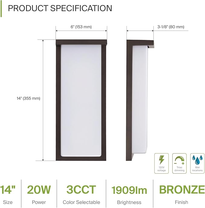 ASD LED 14" Outdoor Wall Light, Front Door House Sconce | 3CCT, Dimmable, Waterproof, ETL Listed | 20W 1900LM 3000-5000K 120V | Exterior Patio Lighting Fixture, Flush Mount Porch Lamp | Dark Bronze