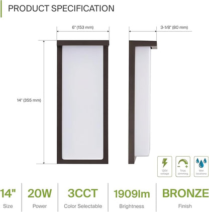 ASD LED 14" Outdoor Wall Light, Front Door House Sconce | 3CCT, Dimmable, Waterproof, ETL Listed | 20W 1900LM 3000-5000K 120V | Exterior Patio Lighting Fixture, Flush Mount Porch Lamp | Dark Bronze