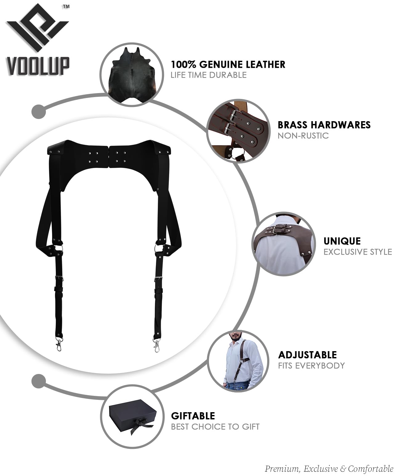 Voolup - Top Grain Genuine Leather Black Suspenders for Men | Leather Suspenders for Men Heavy Duty | Groomsmen Wedding Gift | Adjustable Metals Clips for Dress Pants and Jeans