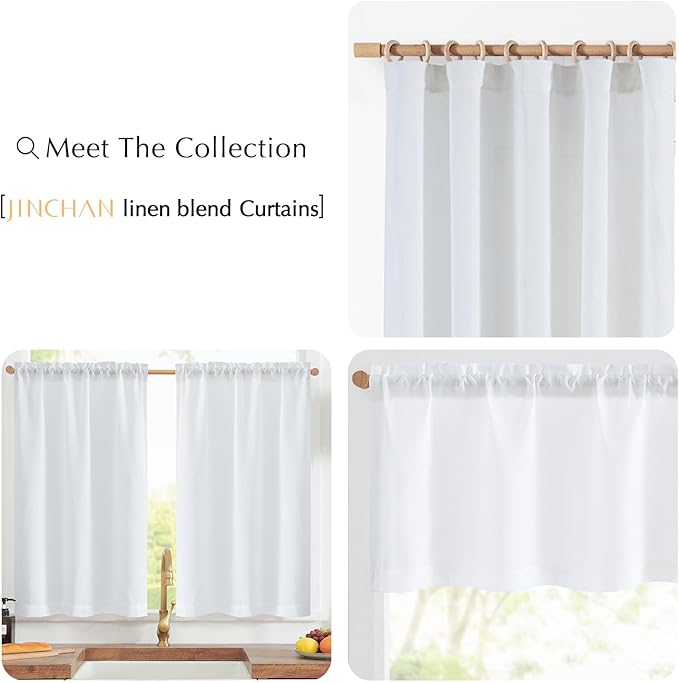 jinchan Linen Textured Tier Curtains 24 Inch for Kitchen Windows Farmhouse Cafe Curtains Small Drapes Rustic Light Filtering Half Window for Living Room Laundry Rod Pocket 2 Panels White