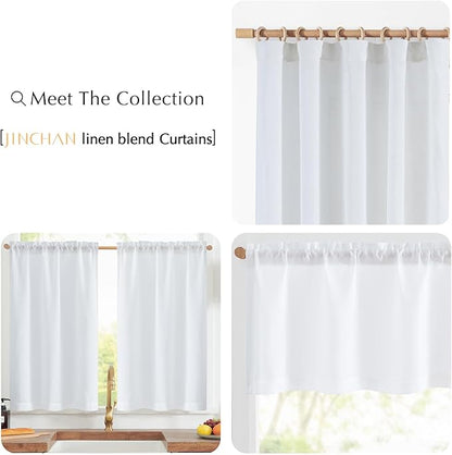 jinchan Linen Textured Tier Curtains 36 Inch for Kitchen Windows Farmhouse Cafe Curtains Small Drapes Rustic Light Filtering Half Window for Living Room Laundry Rod Pocket 2 Panels White