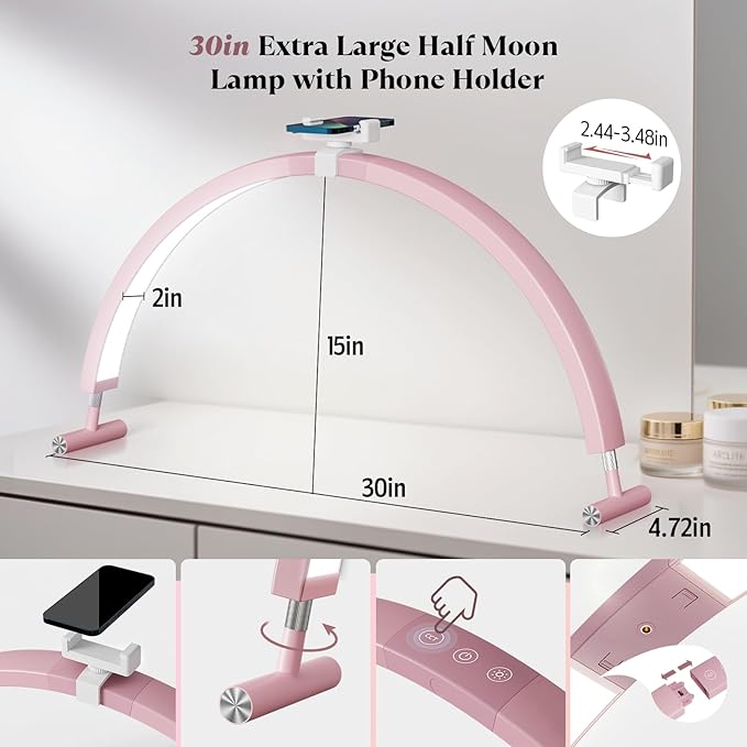 Nail Light for Desk, 30'' LED Half Moon Lamp for Nail Techs, Manicure and Handicraft, Adjustable Color Modes and Brightness, with Phone Holder (Pink)