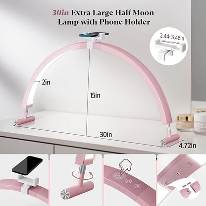 Nail Light for Desk, 30'' LED Half Moon Lamp for Nail Techs, Manicure and Handicraft, Adjustable Color Modes and Brightness, with Phone Holder (Pink)