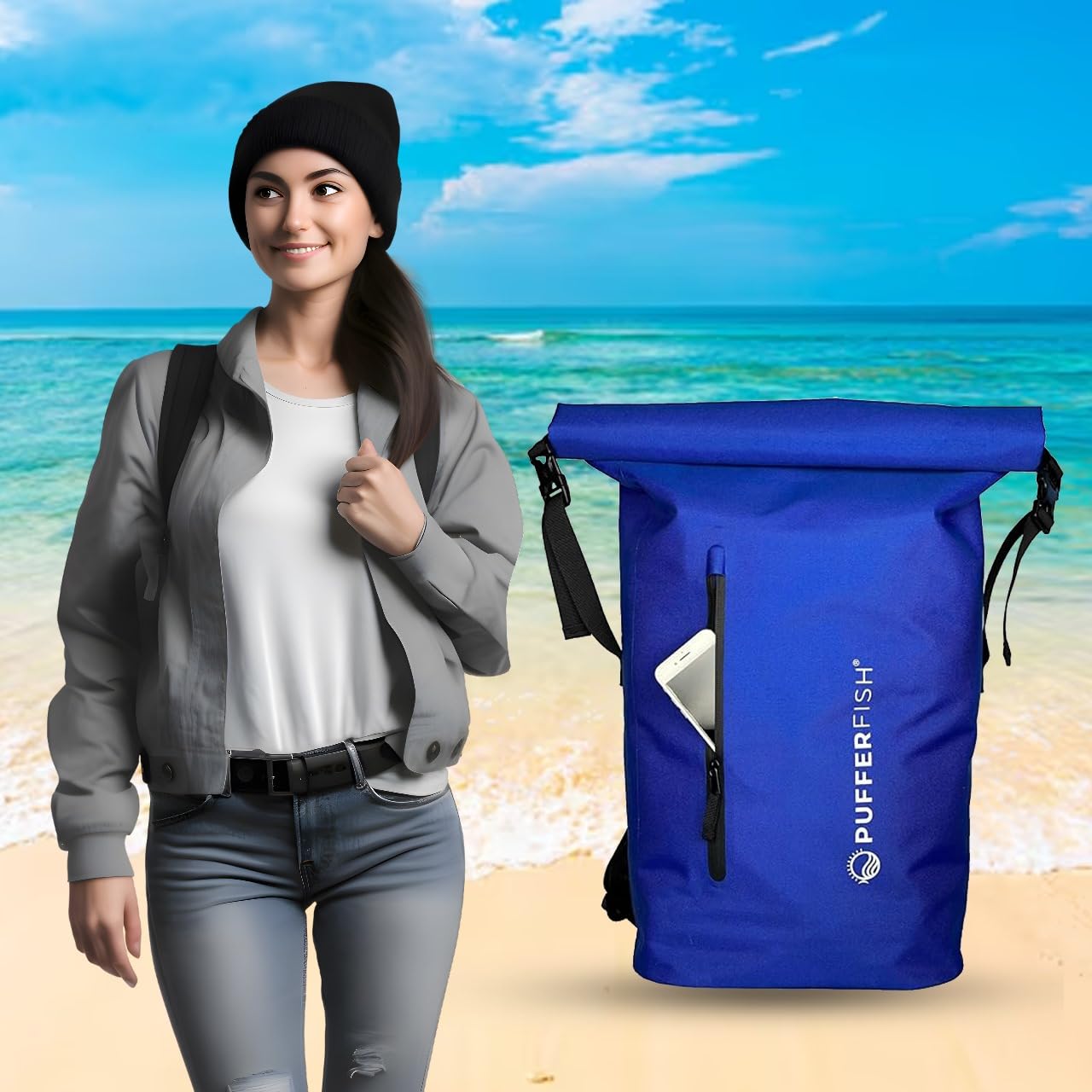PUFFERFISH 35L Waterproof Roll-Top Beach Backpack - Sandproof Dry Bag Daypack for Beach, Pool, Boat & Travel - Padded Back & Straps, Multiple Pockets, Recycled Plastic, Blue