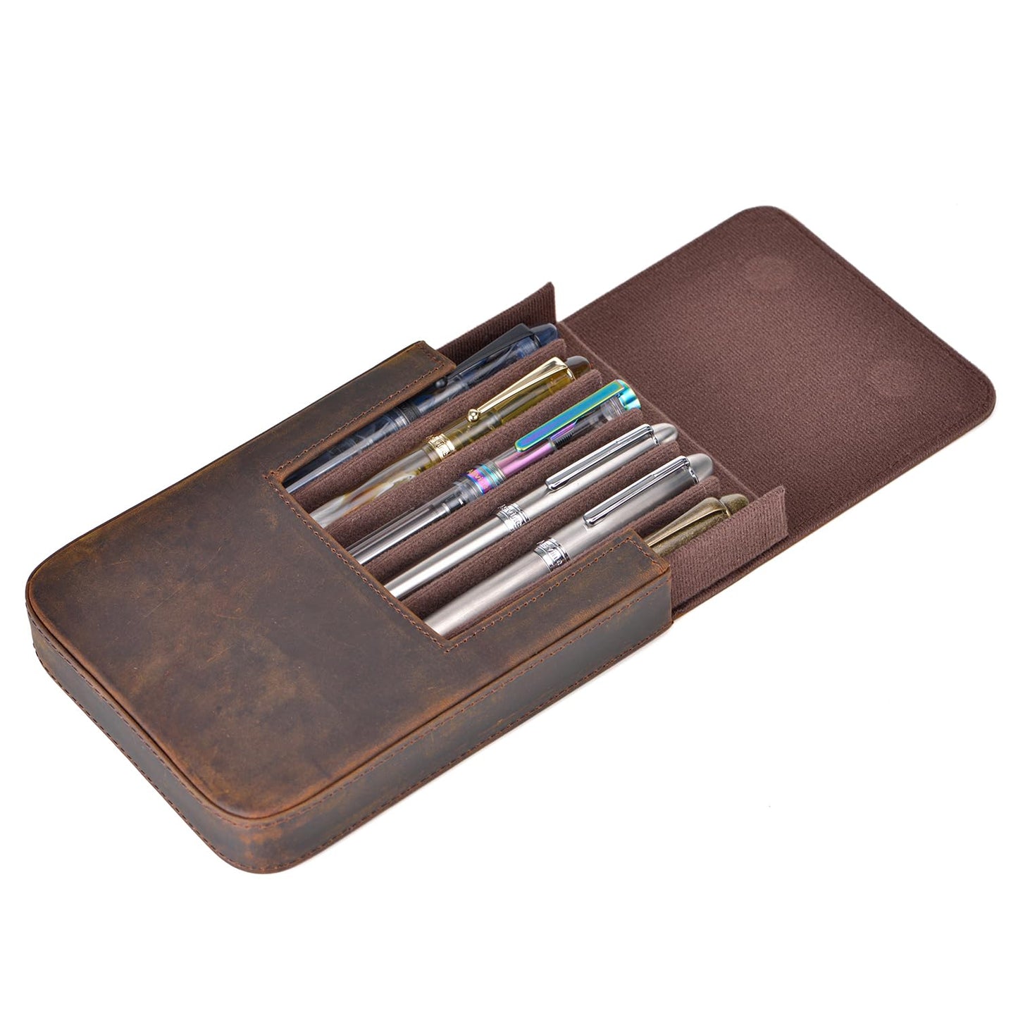 Lanxivi Genuine Leather Fountain Pen Case 6 Slot Crazy Leather Organizer, Portable Pen Bag Pouch Drawer Style