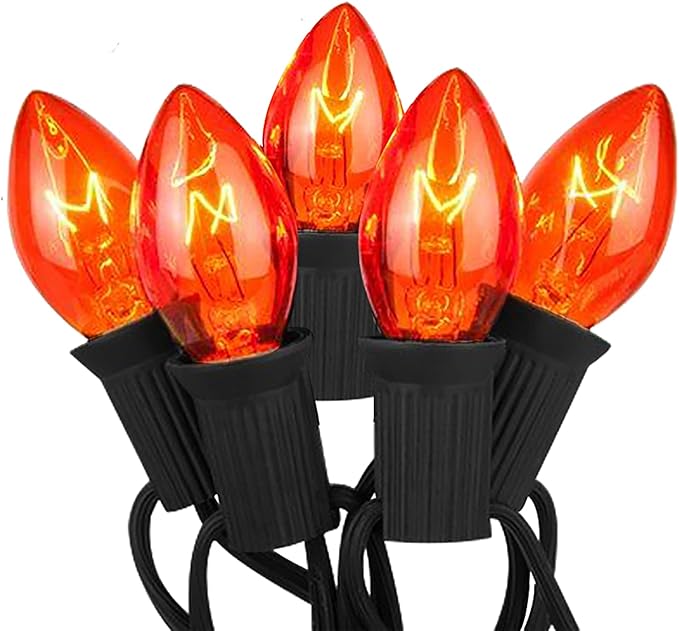 C7 Halloween Orange String Lights, 25Ft Outdoor Halloween Decorations Lights with 27 Clear Orange Bulbs, Vintage Christmas Lights for Roofline Patio Cafe Party Decor- Black Wire