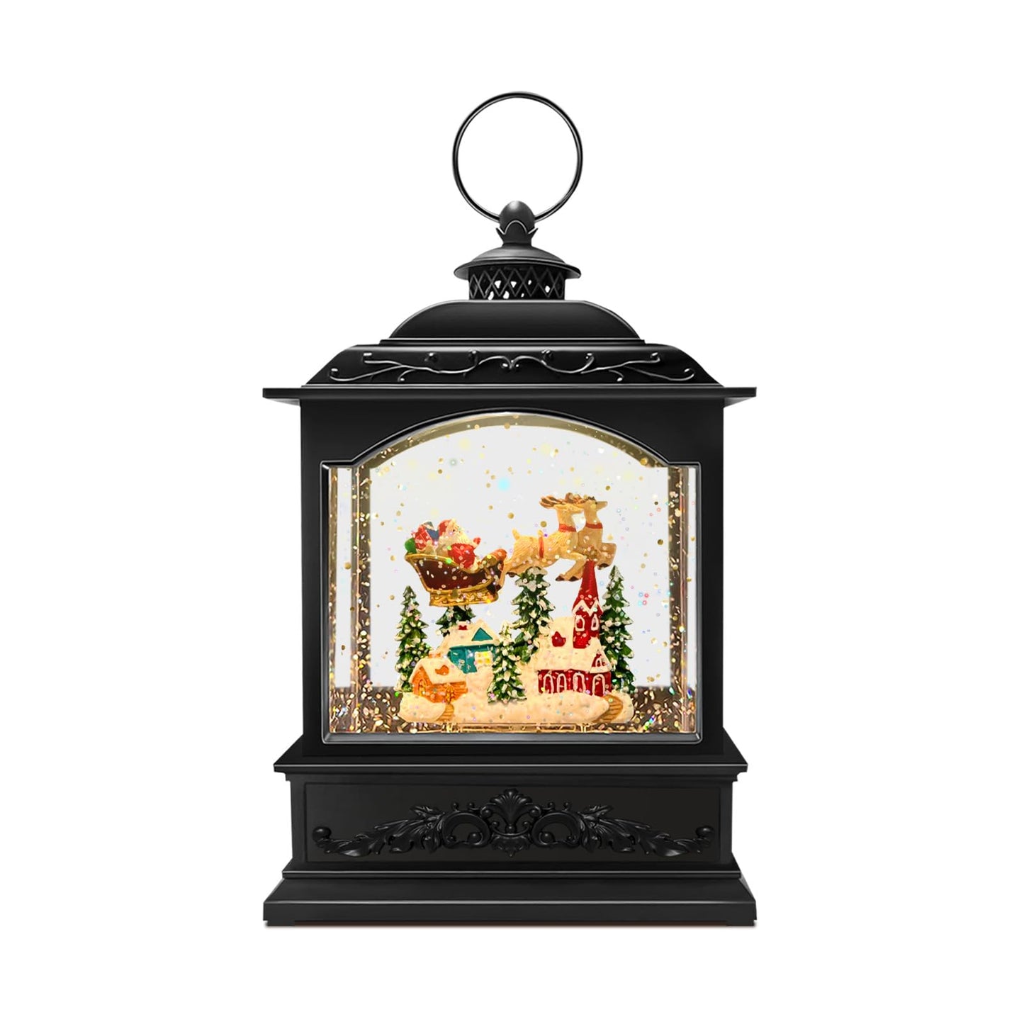 Musical Christmas Snow Globe Lantern with Flying Santa, Swirling Glitter Lighted Water Lantern, 6H Timer, USB or Battery Powered Holiday Decoration