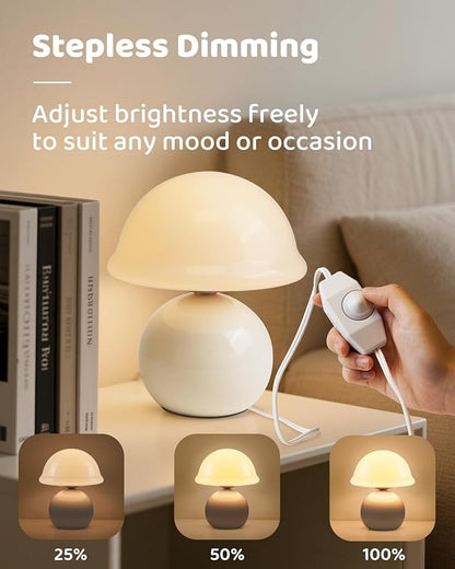 Mushroom Lamp Bedside Table Lamp for Bedroom, Cute Small Lamps with Glass Lampshade, Nightstand Lamp with Dimmer for Living Room Kitchen Apartments Offices Desk Shelves (White)