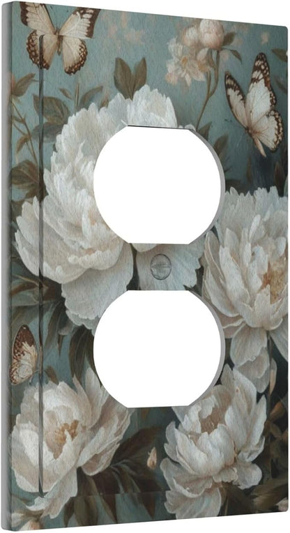 Decorative Art Light Switch Covers Butterflies & Peonies 1 Gang Single Duplex Outlet Wall Plate Switchplate Electrical Faceplate for Home Decor