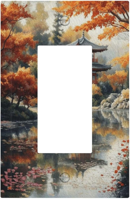 Decorative Art Light Switch Covers Lake & Pagoda in Fall 1 Gang Rocker Outlet Decorative Switch plate Faceplate GFCI Light Switch Covers for Home Decor