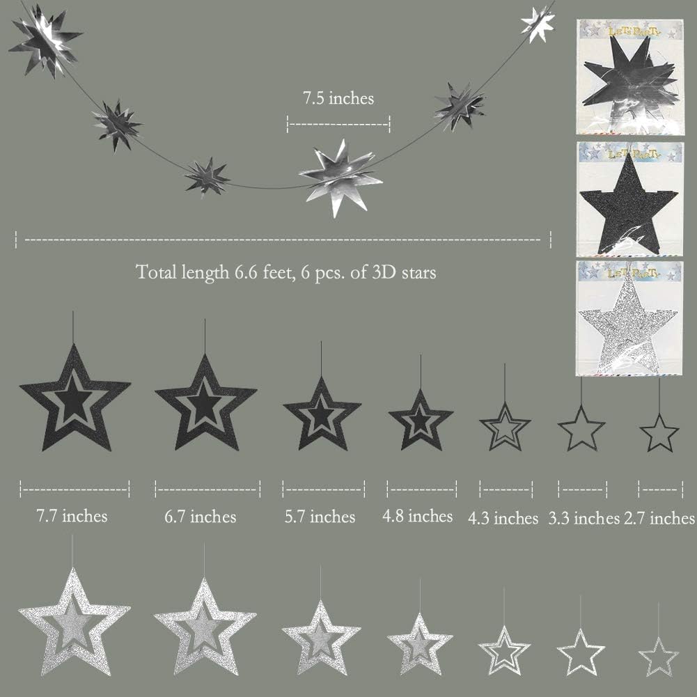 Cheerland Glitter Black Silver Party Decorations Star Garlands Starry Night Streamers Hanging Stars Birthday Twinkle Little Star Moon Decorations Graduation Halloween Wedding Bridal Ramadan NYE