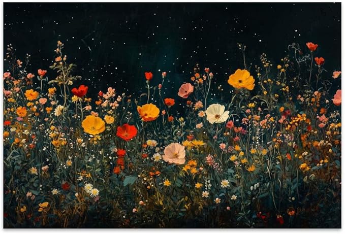 Yesad Wildflowers Field Landscape Wall Art, Floral Canvas Wall Art Wildflowers at Night Flower Prints Painting Rustic Wall Décor for Living Room Bedroom Farmhouse (Unframed,36”x24”,Wildflower1)