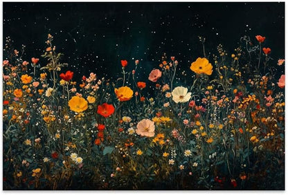 Yesad Wildflowers Field Landscape Wall Art, Floral Canvas Wall Art Wildflowers at Night Flower Prints Painting Rustic Wall Décor for Living Room Bedroom Farmhouse (Unframed,12"x8",Wildflower1)