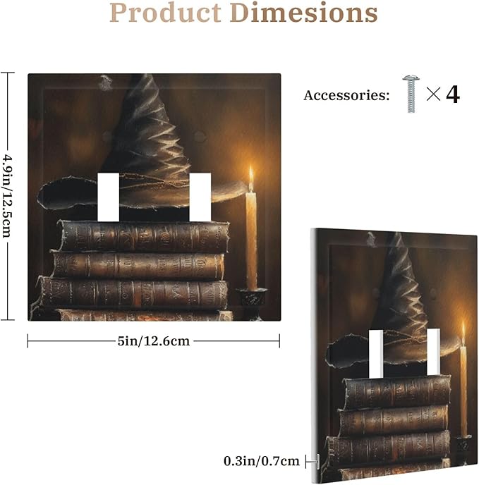 Decorative Art Light Switch Covers Wizard’s Hat & Spellbooks 2 Gang Double Toggle Wall Plate Decorative Switchcover Electrical Switchplate for Home Decor