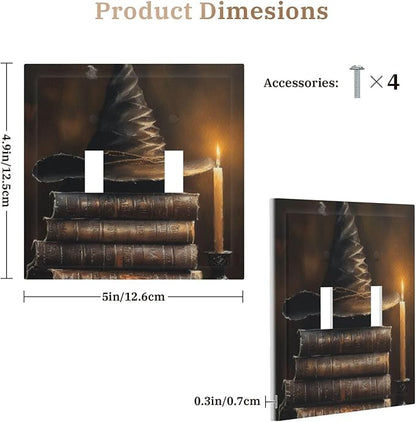 Decorative Art Light Switch Covers Wizard’s Hat & Spellbooks 2 Gang Double Toggle Wall Plate Decorative Switchcover Electrical Switchplate for Home Decor