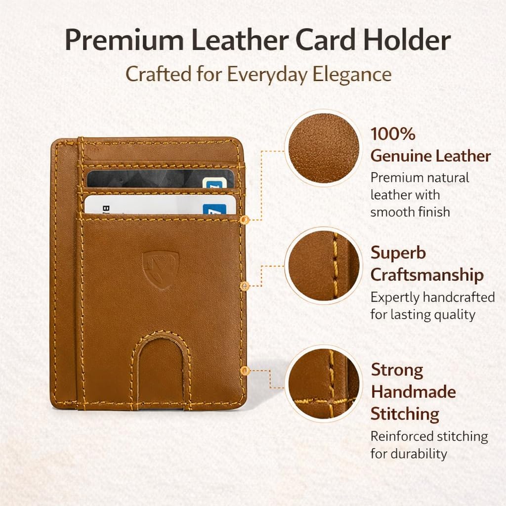 Mordano Leather Wallet Card Holder | RFID Blocking Protection Slim Minimalist Wallet For Men And Women | Front Pocket Thin Credit Card Holder | Genuine Leather Small Wallet (Brown)