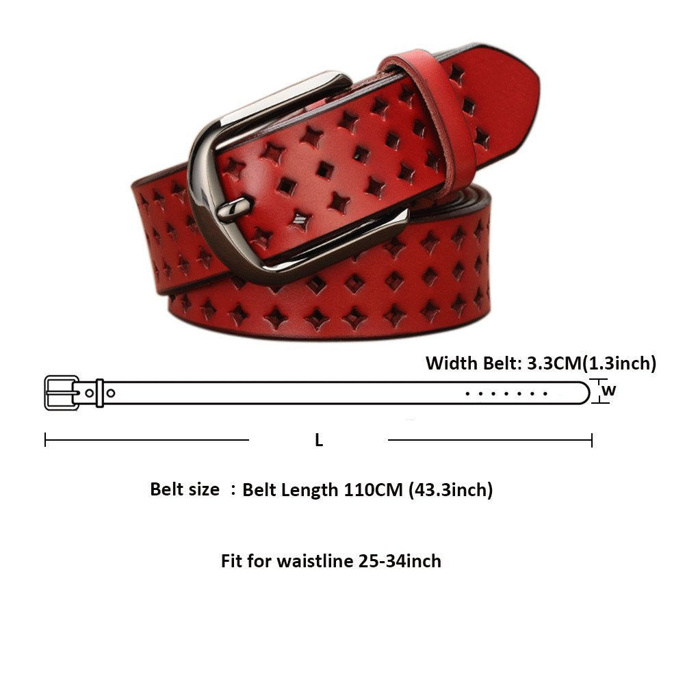VONSELY Genuine Leather Belts for Women Hollow Out Design, Soft Leather Womens Belts with Pin Buckle, Red Leather Belt