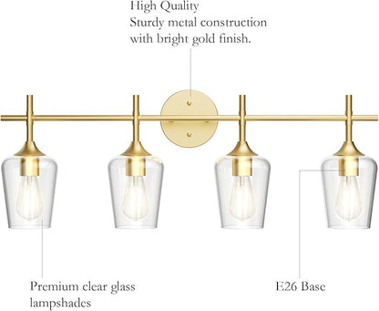 Ralbay 4-Lights Gold Vanity Light Fixture Vintage Gold Vanity Lights Wall Lighting Clear Glass Gold Bathroom Light Fixtures Over Mirror
