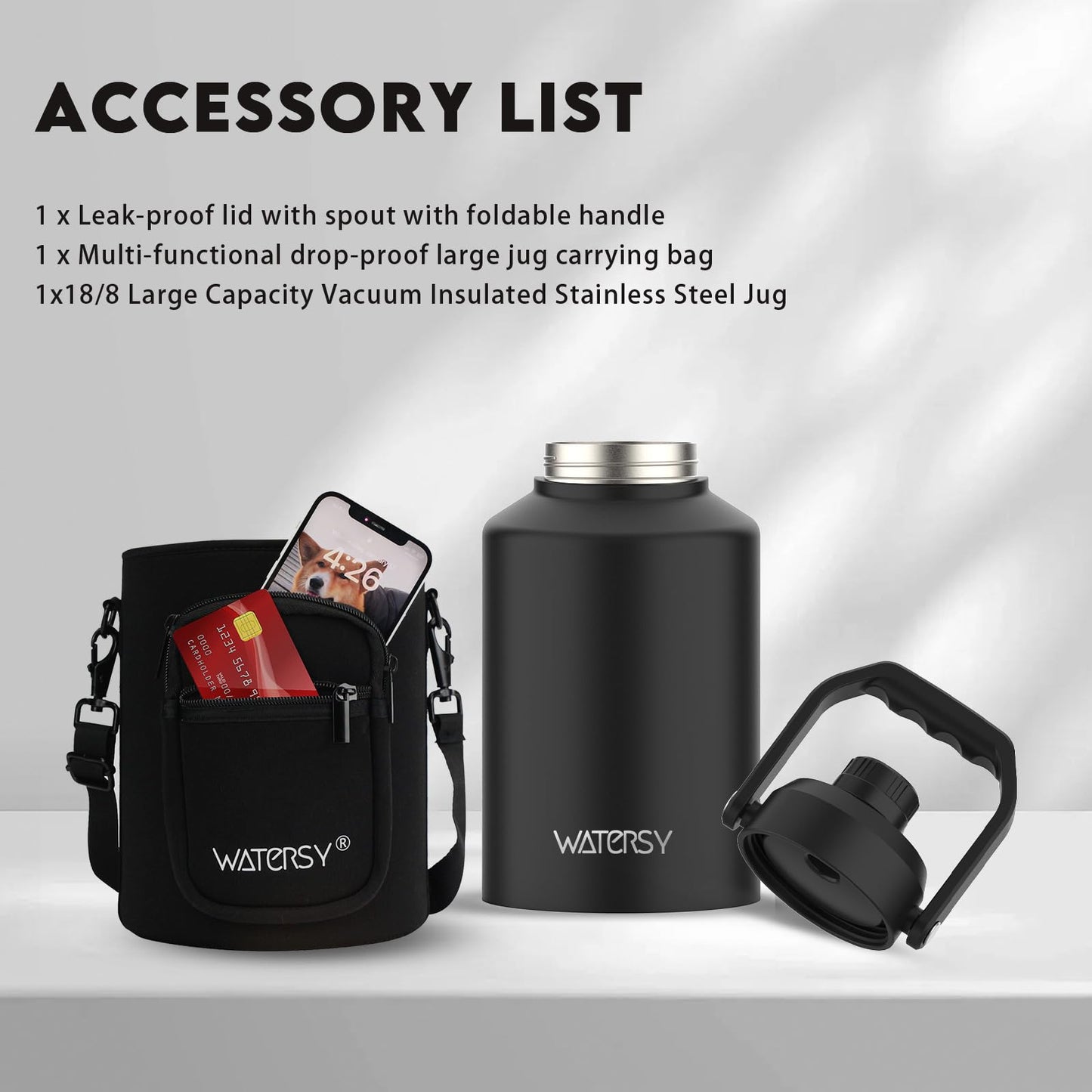 WATERSY 1 Gallon Water Bottle Insulated(Cold for 48 Hrs),BPA Free&Leak Proof,128oz Stainless Steel Water Jug,Big thermo,Large Water Bottle with Handle for Gym,Hiking,Camping&Travel,Black