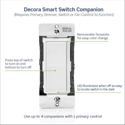 Leviton Decora Smart Switch Companion for Multi-Location Switching (Not for stand-alone use), 120VAC, 60Hz DD0SR-1RM, White, Light Almond