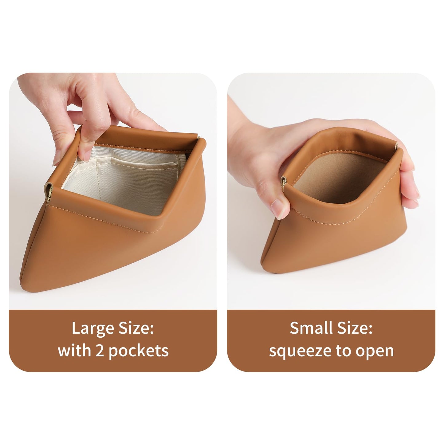 MEIBOOCH 2 Pack Small Makeup Bag for Women, New Organosilicon Super Fiber PU Leather Mini Cosmetic Bag for Travel, Coin Purse Organizer Storage Pouch (Brown)