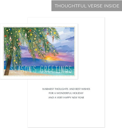 Canopy Street Masterpiece Tropical Sunset Cards / 16 Coastal Holiday Card Set With White Envelopes / 5 5/8" x 7 7/8" Warm Weather Palm Tree Vacation Greeting Cards With Meaningful Inside Verse