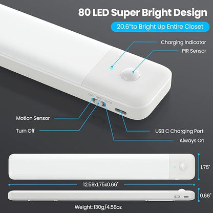 80LEDs Under Cabinet Light 2 Pack,Motion Sensor Led Light Indoor,USB C Rechargeable Closet Under Counter Lighting,12.6inch Battery Powered Operated Night Light for Kitchen,Wardrobe,Cupboard