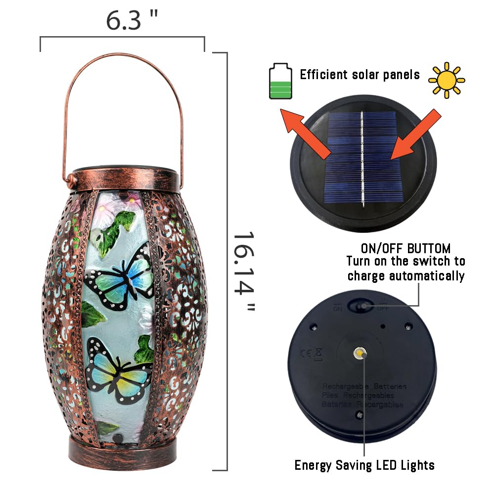 TEYIGARDEN Butterfly Solar Lanterns Glass & Metal Hanging Lantern Outdoor Waterproof 16" H Tabletop Light with Hollowed-Out Design for Garden Patio Table Decor Mother's Day Gift