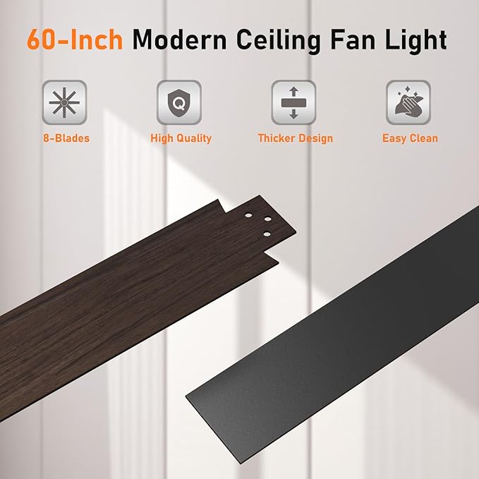 Ceiling Fan with Light, 60 inch Modern Ceiling Fan with Remote Control, Reversible DC Motor, Stepless Dimmable, Noiseless for Indoor Use, Black & Brown