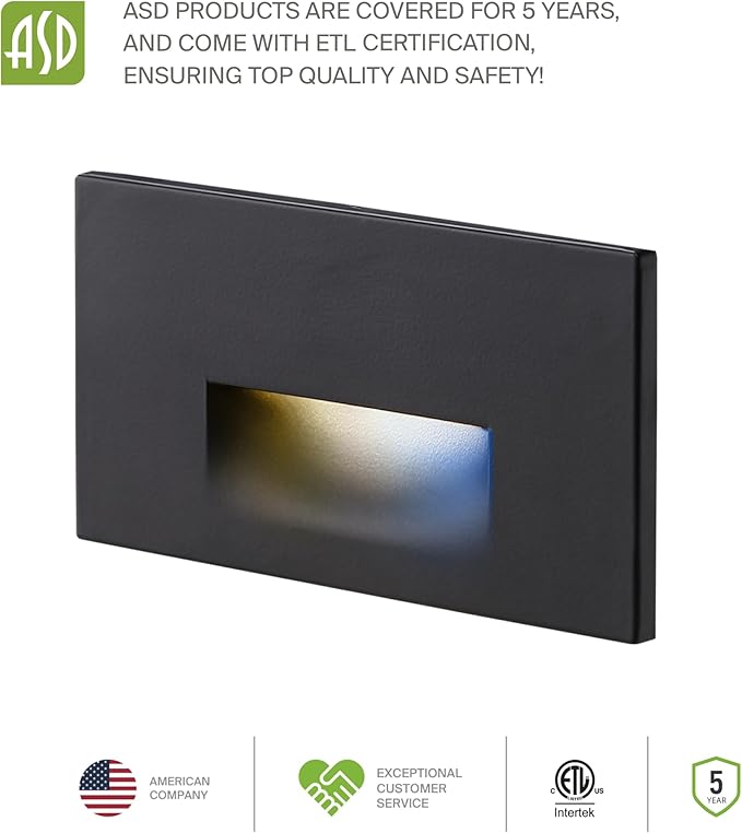 ASD LED Recessed Step Light Fixture, Outdoor & Indoor Stair Tread Lighting | 3CCT, Motion Sensor, Waterproof, ETL Listed | 3W 120LM 3000K-5000K 120V | Staircase Hardwired Illumination | Black