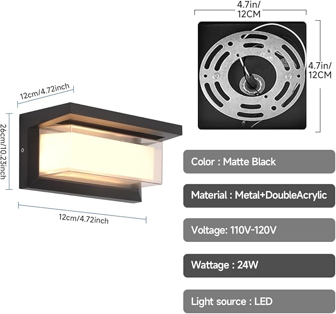Outdoor Porch Light,15%-100% Dimmable Indoor Wall Light Fixtures,3000K/4000K/6500K Adjustable,24W Exterior Wall Lighting,Waterproof Outdoor Modern Wall Sconce Lights,2160LM Indoor Wall Sconce 2 Pack