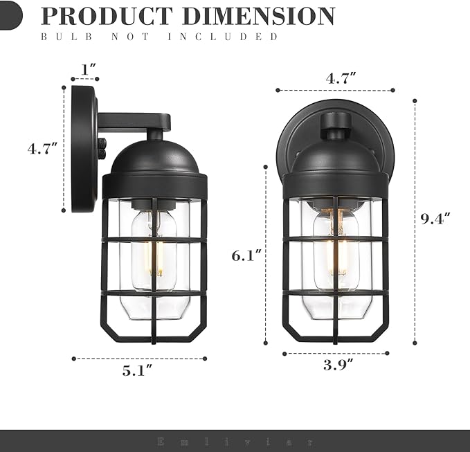 Emliviar Modern Outdoor Wall Light for House Porches, Solid Classic Metal Cage, Retro Charm Exterior Wall Light, Clear Tempered Glass, Black Finish, GE255B BK