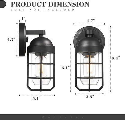 Emliviar Modern Outdoor Wall Light for House Porches, Solid Classic Metal Cage, Retro Charm Exterior Wall Light, Clear Tempered Glass, Black Finish, GE255B BK