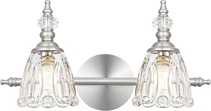 Vintage Vanity Light Fixtures for Bathroom, 2 Light Brushed Nickel Vanity Lighting Over Mirror, Bathroom Light Fixtures with Flower Clear Glass, Farmhouse Sconces Wall Lighting for Hallway