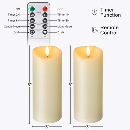 NURADA Outdoor Flameless Candles with Remote Timer - Waterproof Tall Realistic Flickering LED Pillar Electric Battery Operated Fake Candle for Home Wedding Fireplace Decor - Ivory 2 Pack (8" 8")