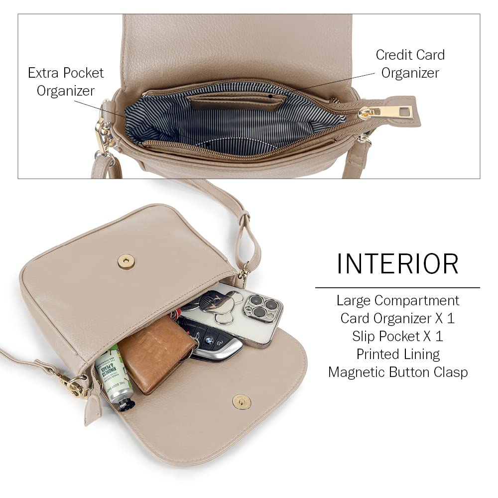 EVVE Small Crossbody Bag for Women Trendy Vegan Leather Flap Saddle Purses with Adjustable Shoulder Strap - Stone