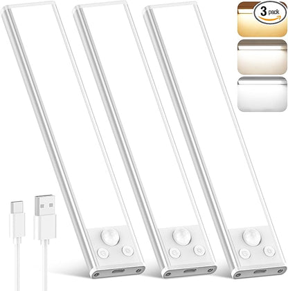 Under Cabinet Lights, 68-LED Rechargeable Battery Operated Motion Sensor Lights Indoor, 1800mAh Magnetic Dimmable Closet Lights, 3 Color Wireless Under Counter Night Lights for Kitchen Stair, 3 Packs