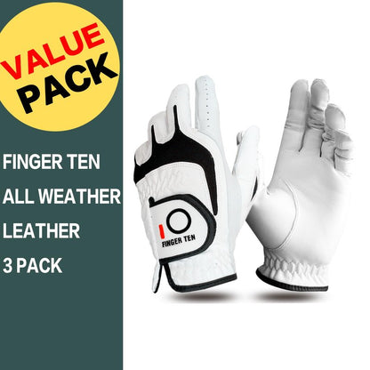 FINGER TEN Premium Golf Gloves Men Cabretta Leather Value 3 Pack for Right Left Handed Golfers, All Weather Grip Comfortable Glove Size S M ML L XL for Left Right Hand (White-3 Pack, Large, Left)