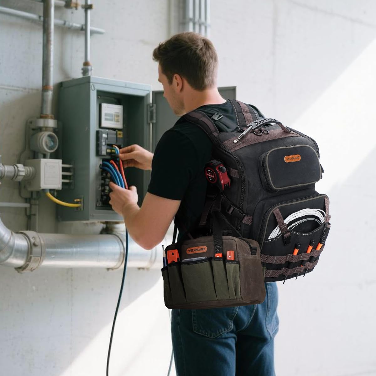 WELKINLAND 60-Pocket Electrician Backpack & Tool Bag Set, Heavy-Duty HVAC Backpack, Waterproof Wax Canvas Tool Back pack, Full-Open Mechanic Tool Back pack, Technician Backpacks