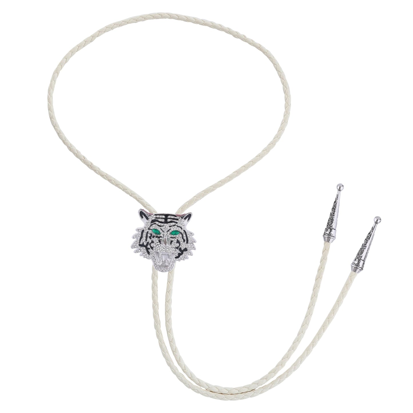 GelConnie Rhinestone Bolo Tie for Women Full Rhinestone Tiger Head Silver Bolo Tie for Men Wedding White Leather Cord Cowboy Ties