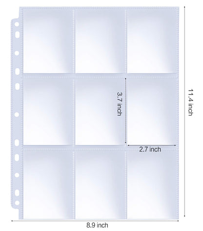 HERKKA Trading Card Sleeve Pages, 100 Pack 9 Pocket Album Pages 11 Holes Fit 3 Ring Binder